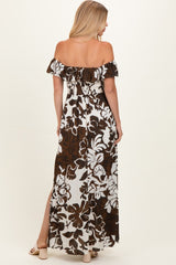 Brown Floral Ruffle Off Shoulder Maxi Dress