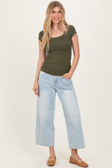 Olive Ribbed Rounded Square Neck Top