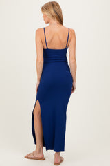 Light Navy Button Detail Sleeveless High Slit Maternity Maxi Dress
