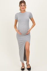 Heather Grey Short Sleeve High Slit Maternity Maxi Dress