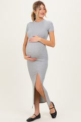 Heather Grey Short Sleeve High Slit Maternity Maxi Dress