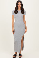 Heather Grey Short Sleeve High Slit Maternity Maxi Dress