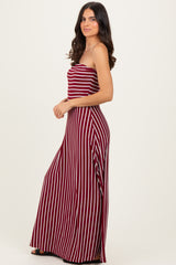 Wine Striped Strapless Maxi Dress