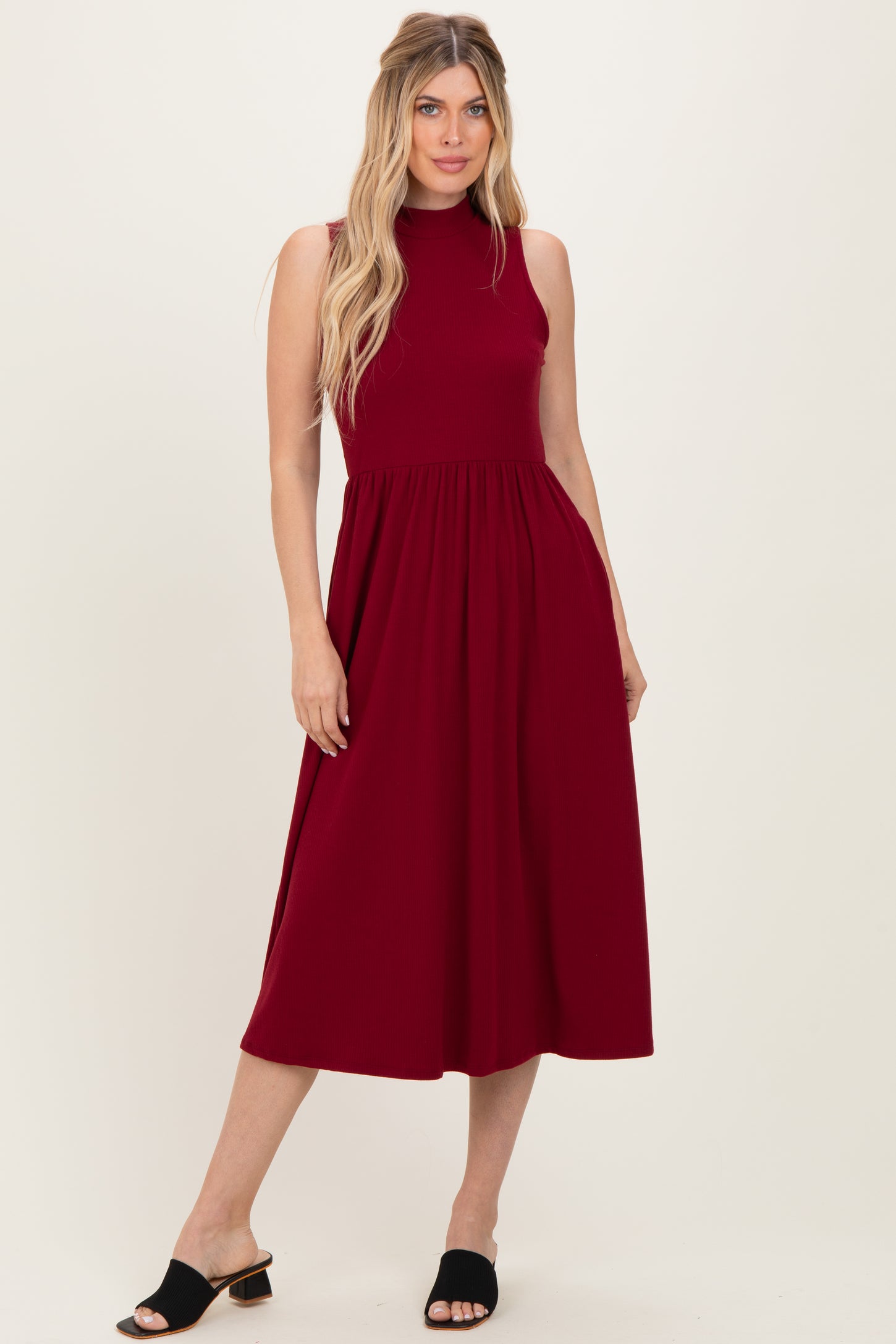Wine Ribbed Mock Neck Sleeveless Midi Dress