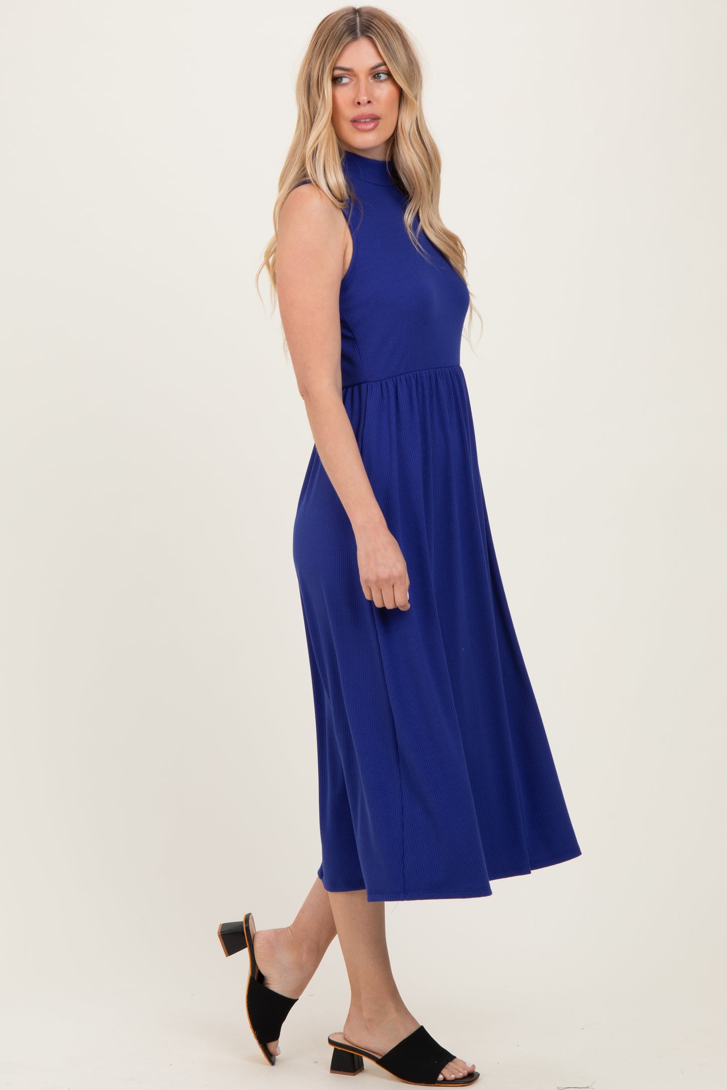 Royal Blue Ribbed Mock Neck Sleeveless Midi Dress