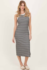 Black Striped Knit Side Slit Tank Dress
