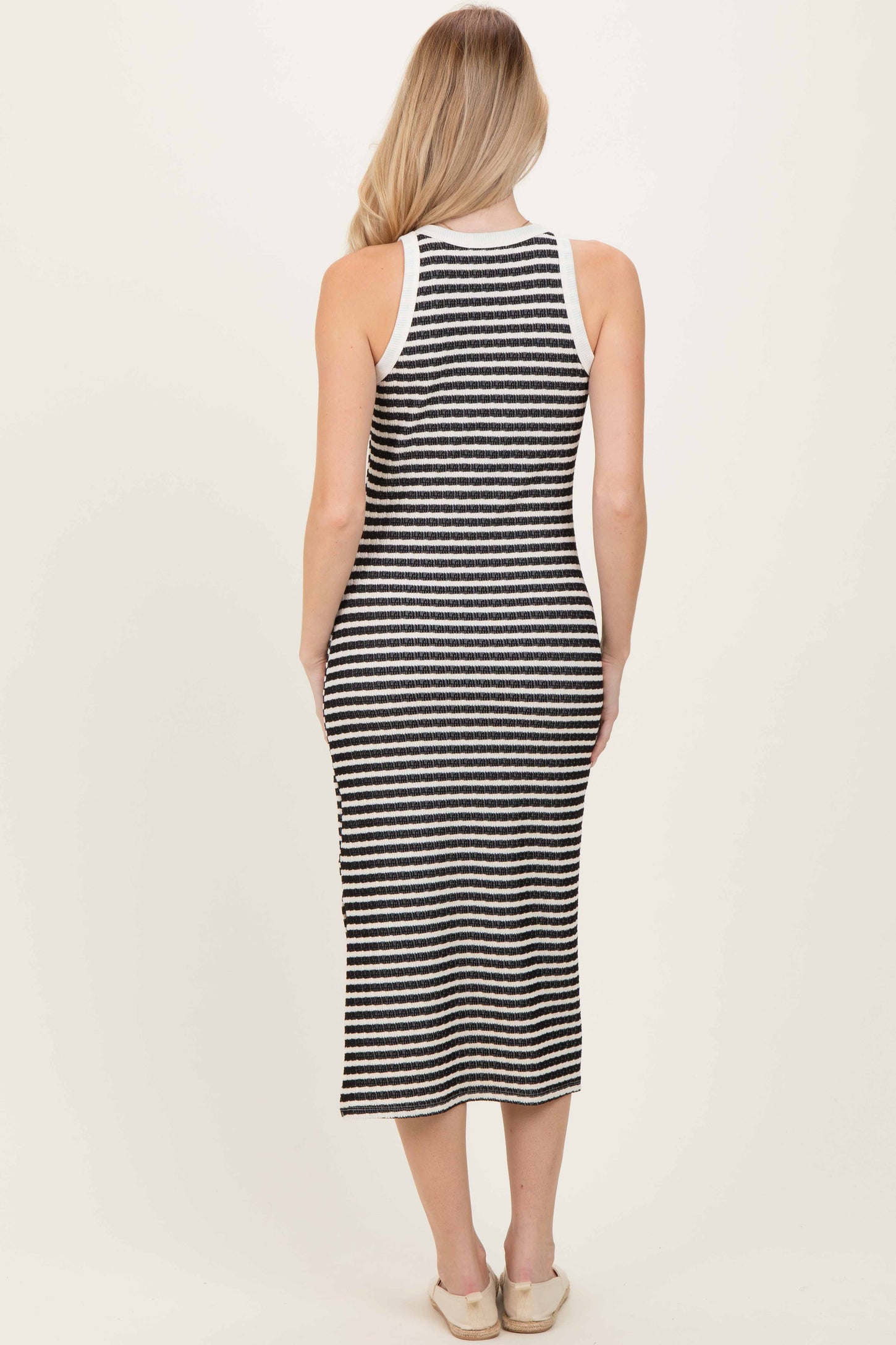 Black Striped Knit Side Slit Tank Dress