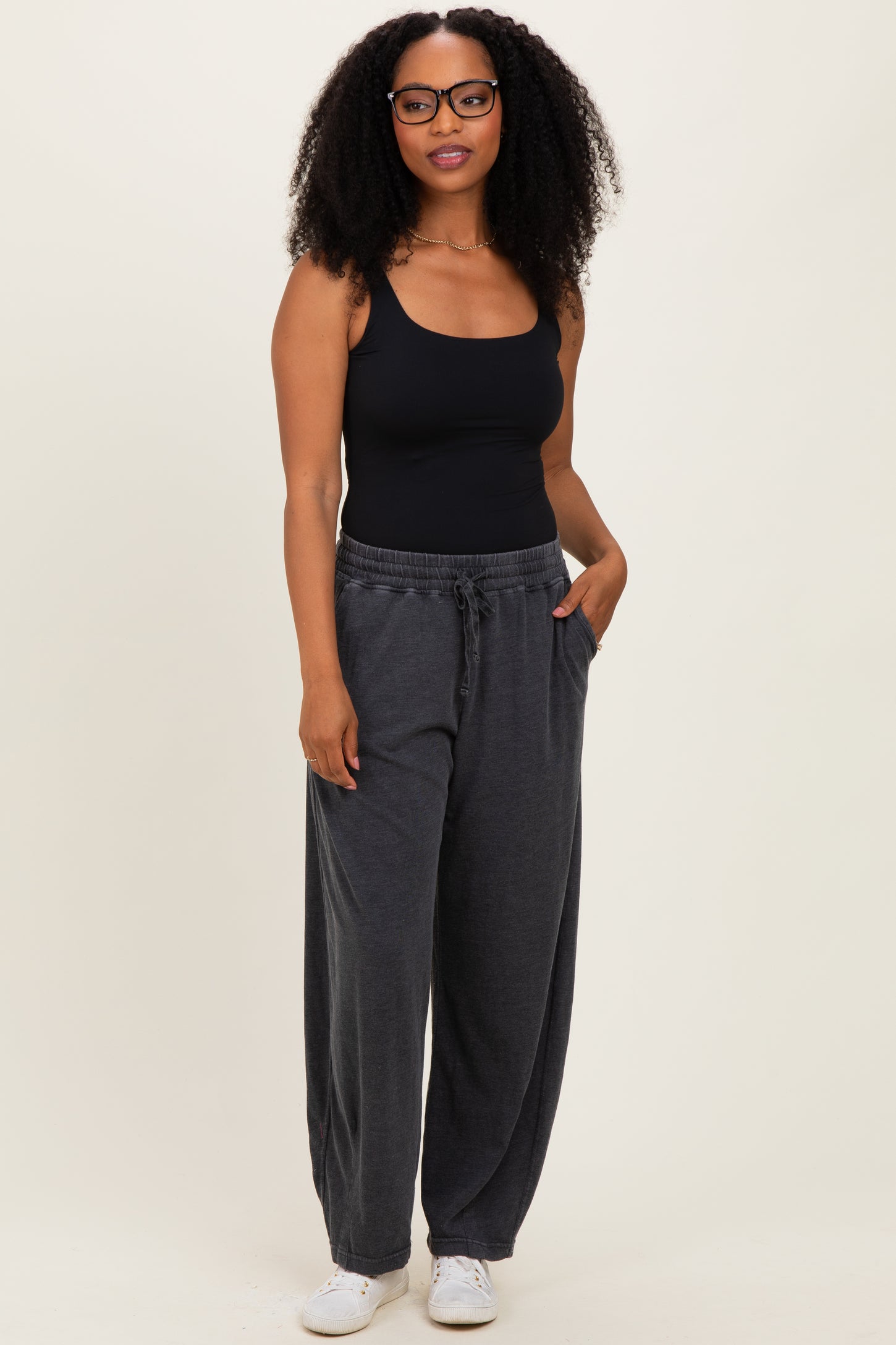 Black Mineral Wash Barrel Leg Lounge Pants