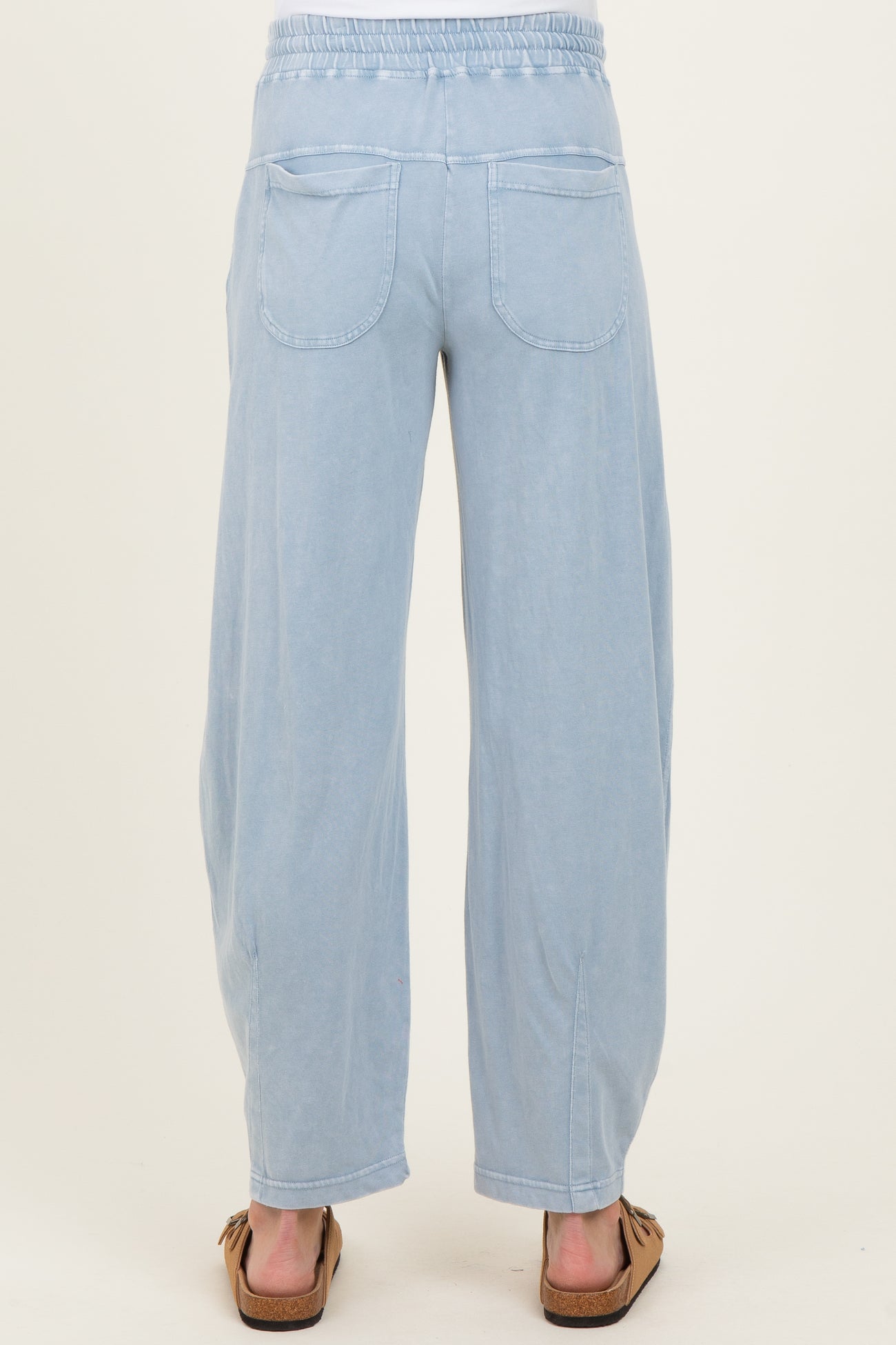 maternity wear light blue wide-leg pants with elastic waistband and back pockets, model shown from the back