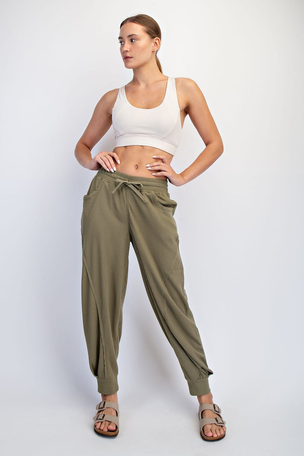 Olive Waffle Knit Raw Seam Joggers