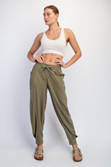 Olive Waffle Knit Raw Seam Joggers