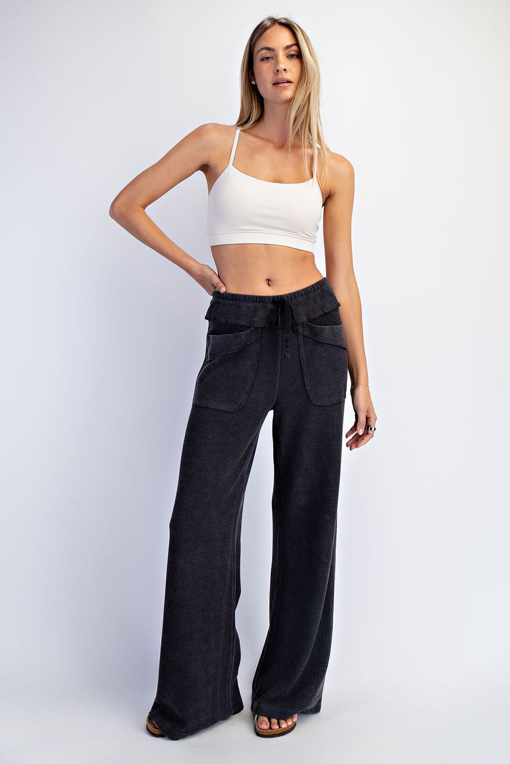Black Mineral Wash Waffle Knit Wide Leg Maternity Pants