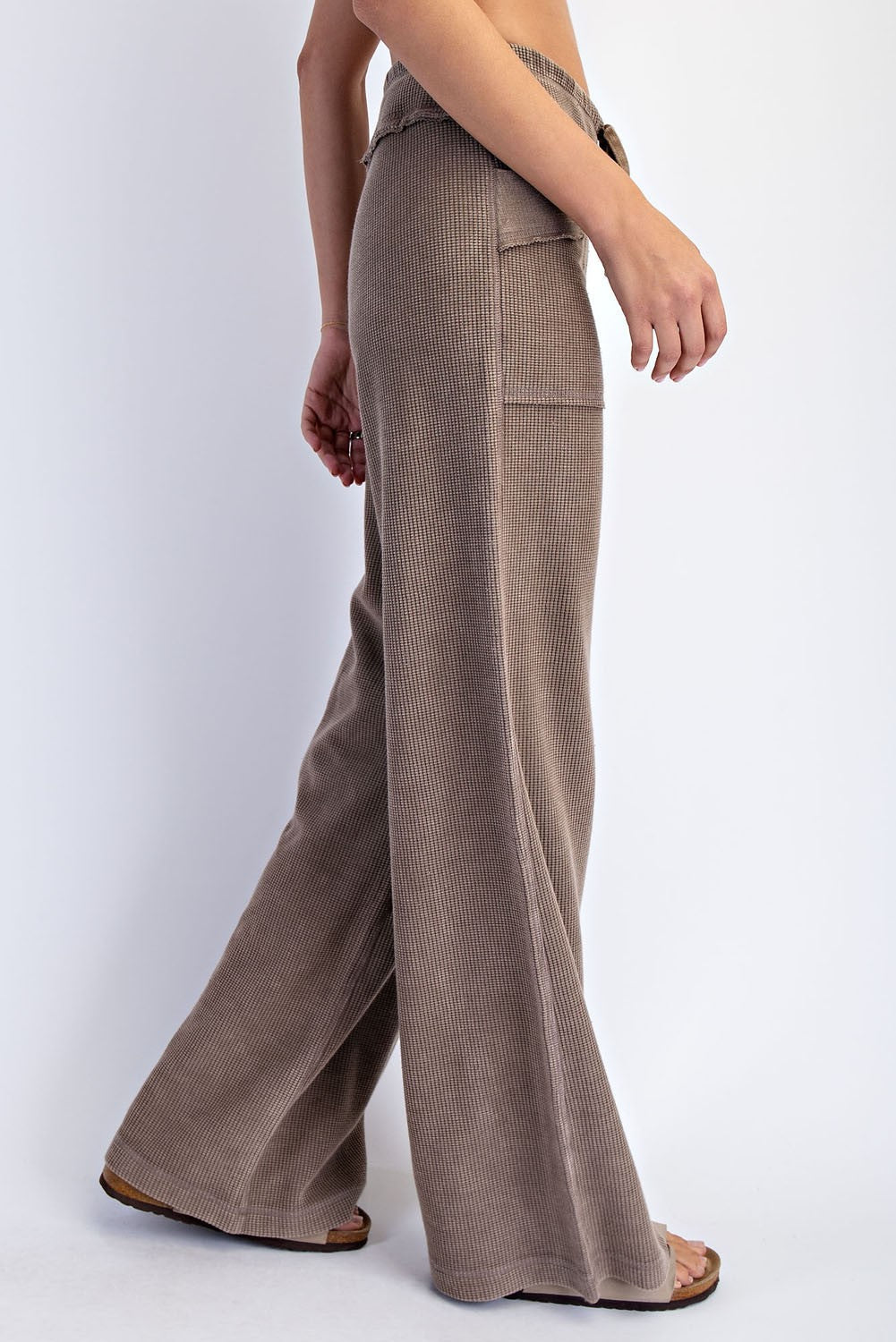 Mocha Mineral Wash Waffle Knit Wide Leg Pants