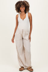 Taupe Striped Cotton Gauze Drawstring Maternity Pants