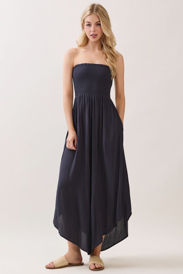 Navy Smocked Strapless Tulip Leg Jumpsuit