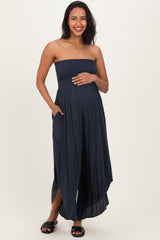 Navy Smocked Strapless Tulip Leg Maternity Jumpsuit