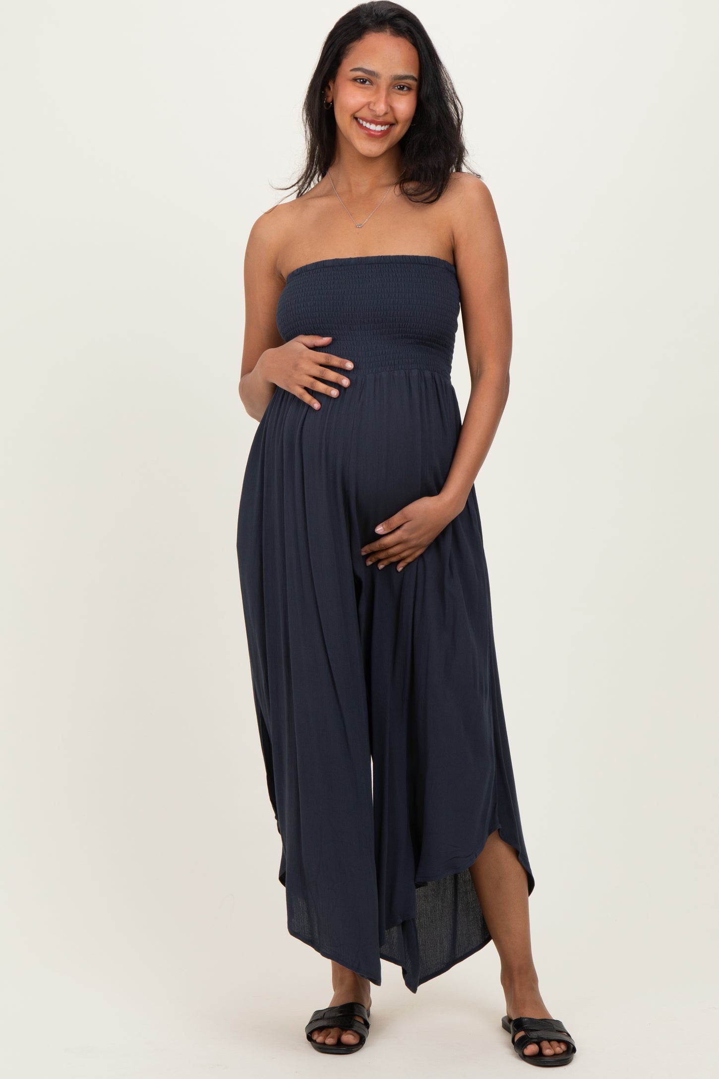 Navy Smocked Strapless Tulip Leg Maternity Jumpsuit