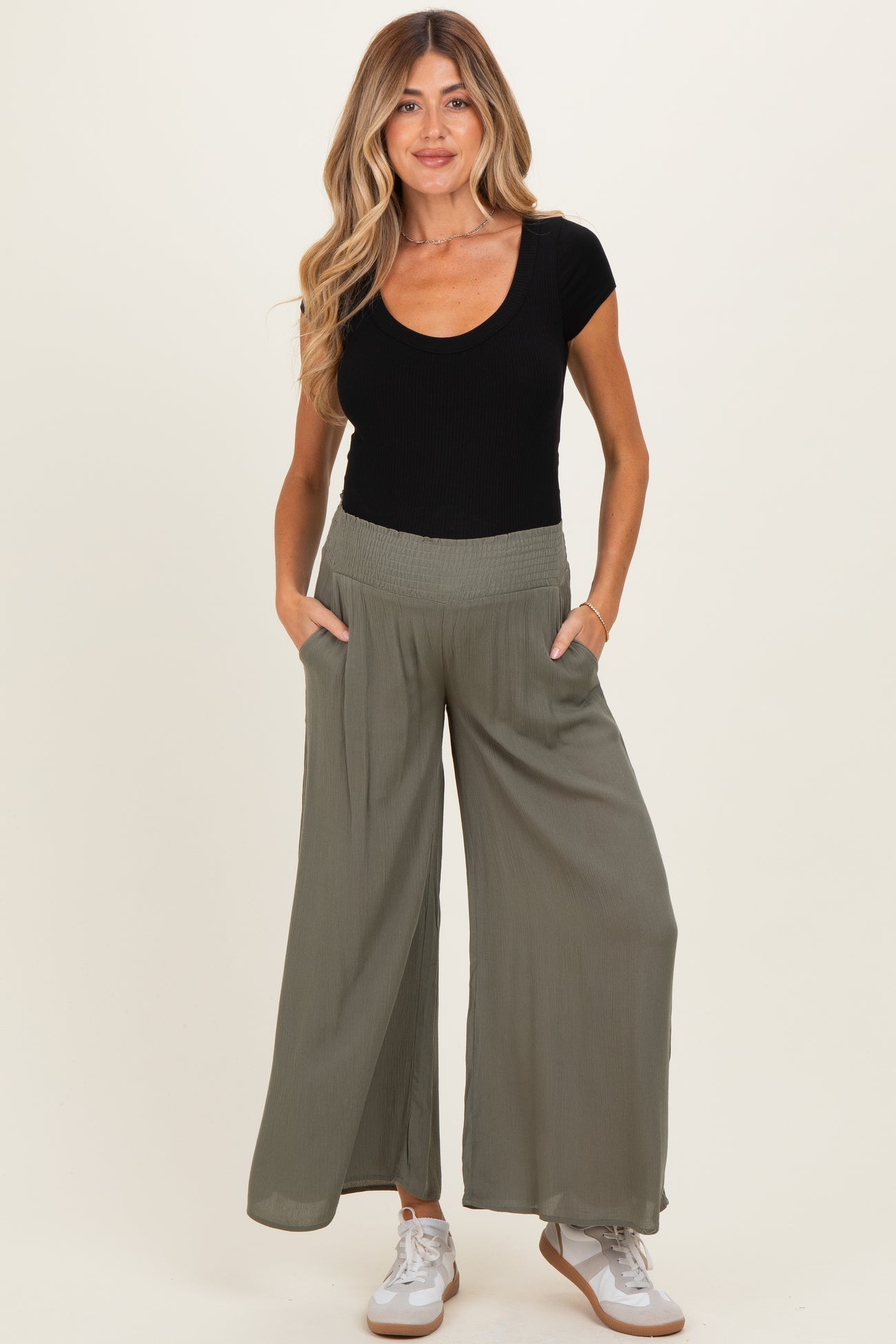Olive Smocked Waist Ankle Wide Leg Maternity Pants