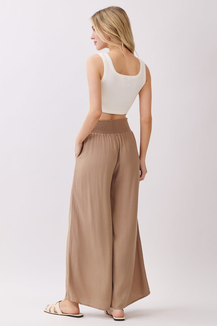 Camel Smocked Waist Ankle Wide Leg Pants