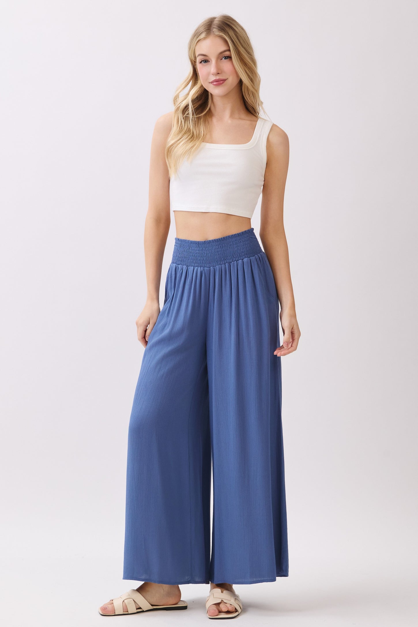 Blue Smocked Waist Ankle Wide Leg Maternity Pants