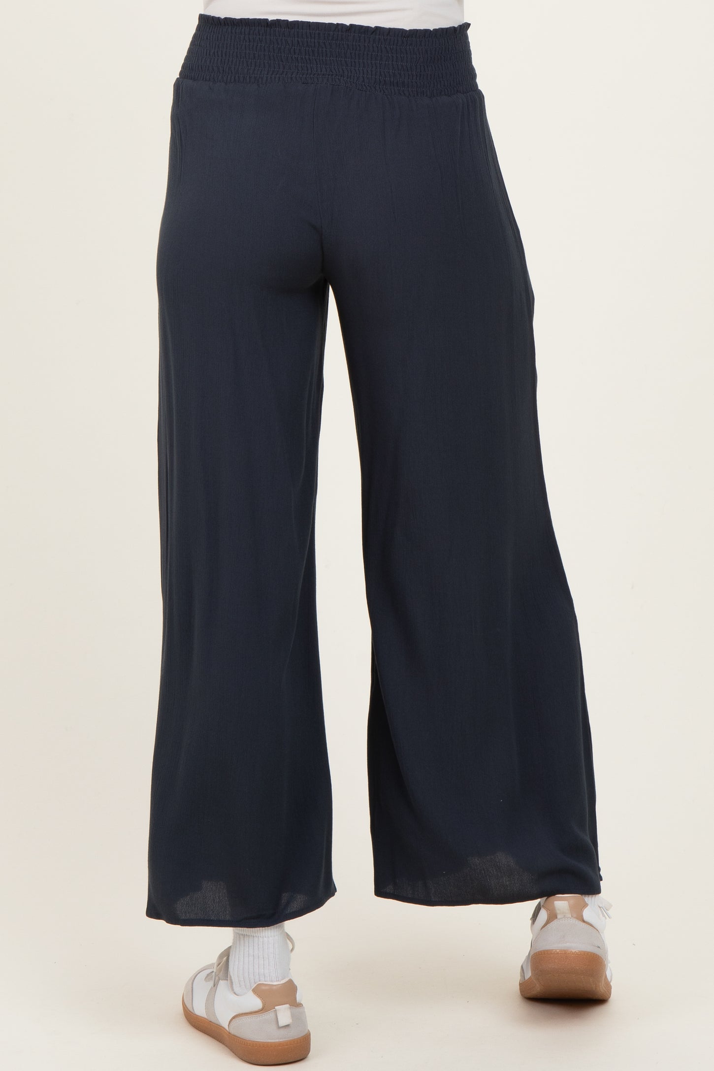 Navy Smocked Waist Ankle Wide Leg Maternity Pants