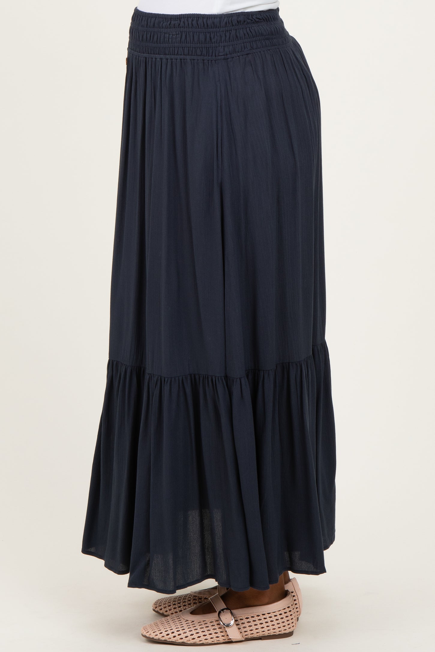 Navy Smocked Waist Button Detail Maternity Maxi Skirt