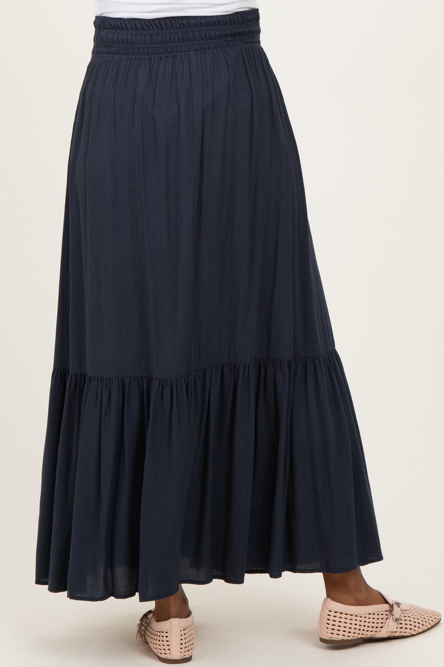 Navy Smocked Waist Button Detail Maternity Maxi Skirt