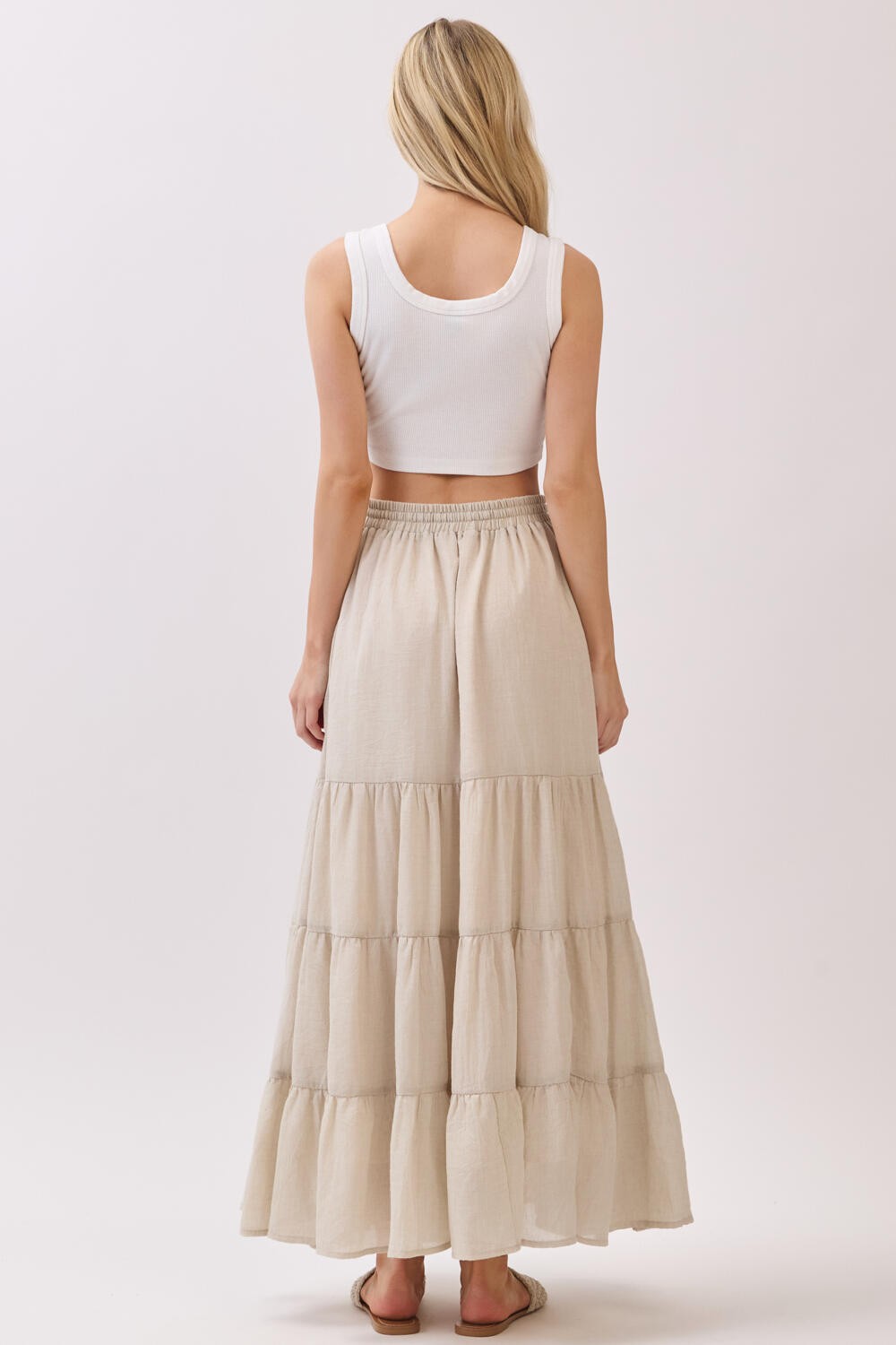 Beige Tiered Drawstring Maxi Skirt