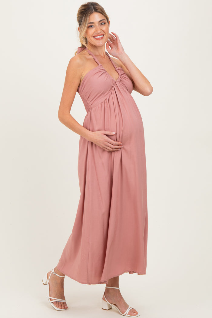 Mauve Halter Neck Side Slit Maternity Midi Dress