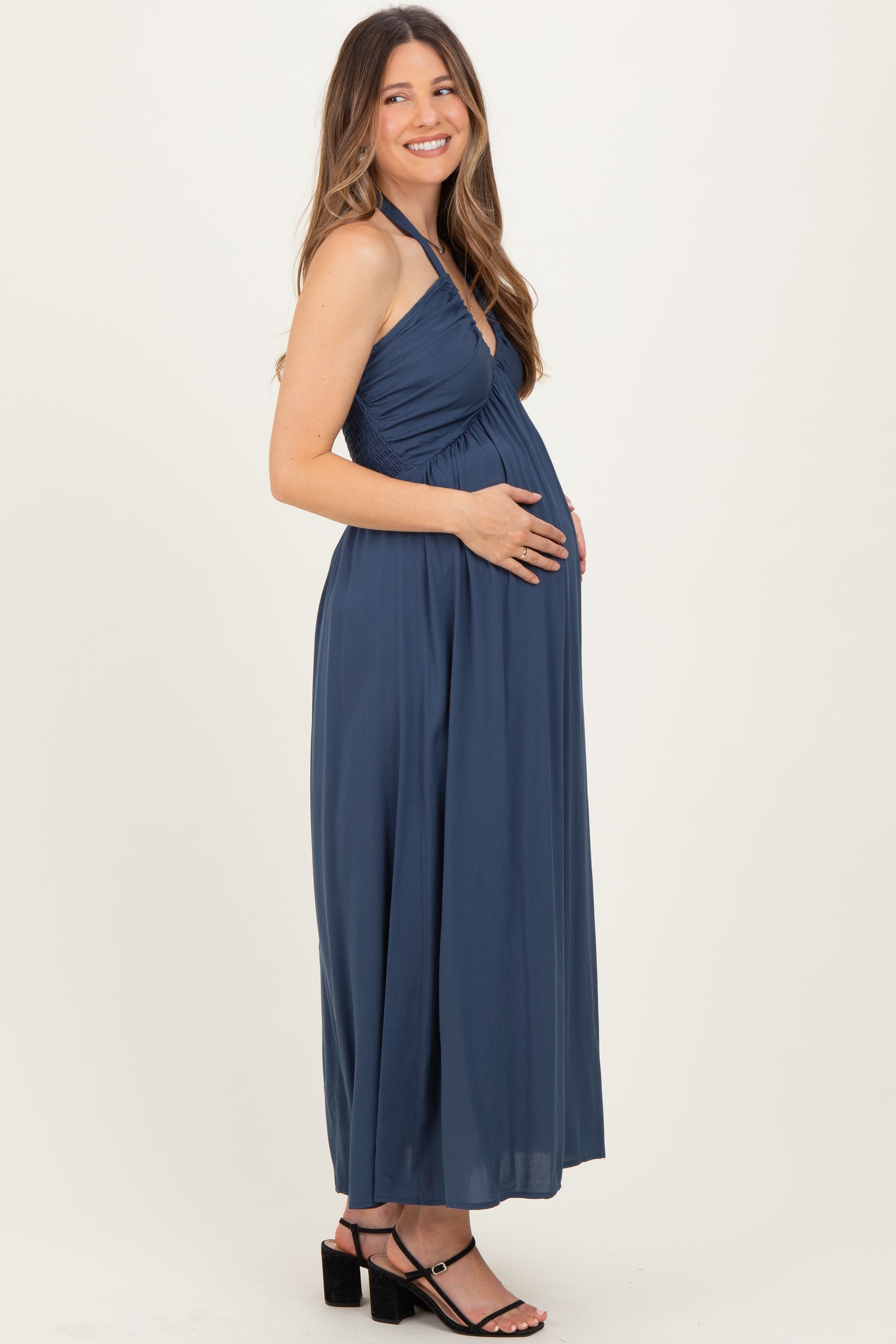 Navy Halter Neck Side Slit Maternity Midi Dress