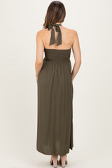 Olive Halter Neck Side Slit Maternity Midi Dress