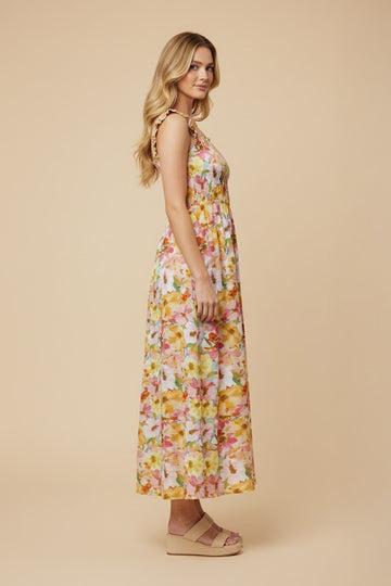 Pink Floral Smocked Sleeveless Maxi Dress