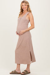 Light Tan Ribbed Knit Maternity Midi Tank Dress