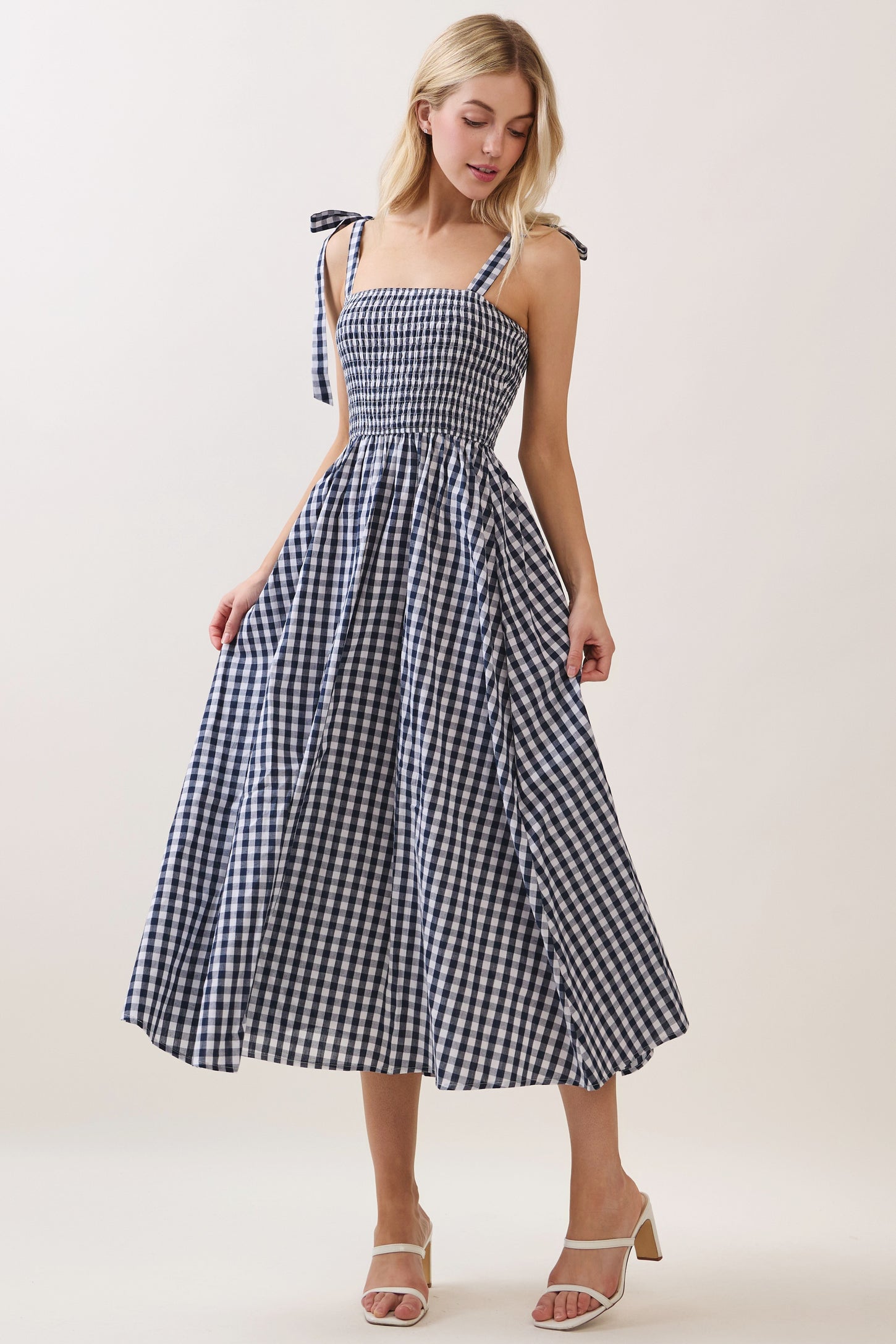 Navy Gingham Smocked Shoulder Tie Midi Dress