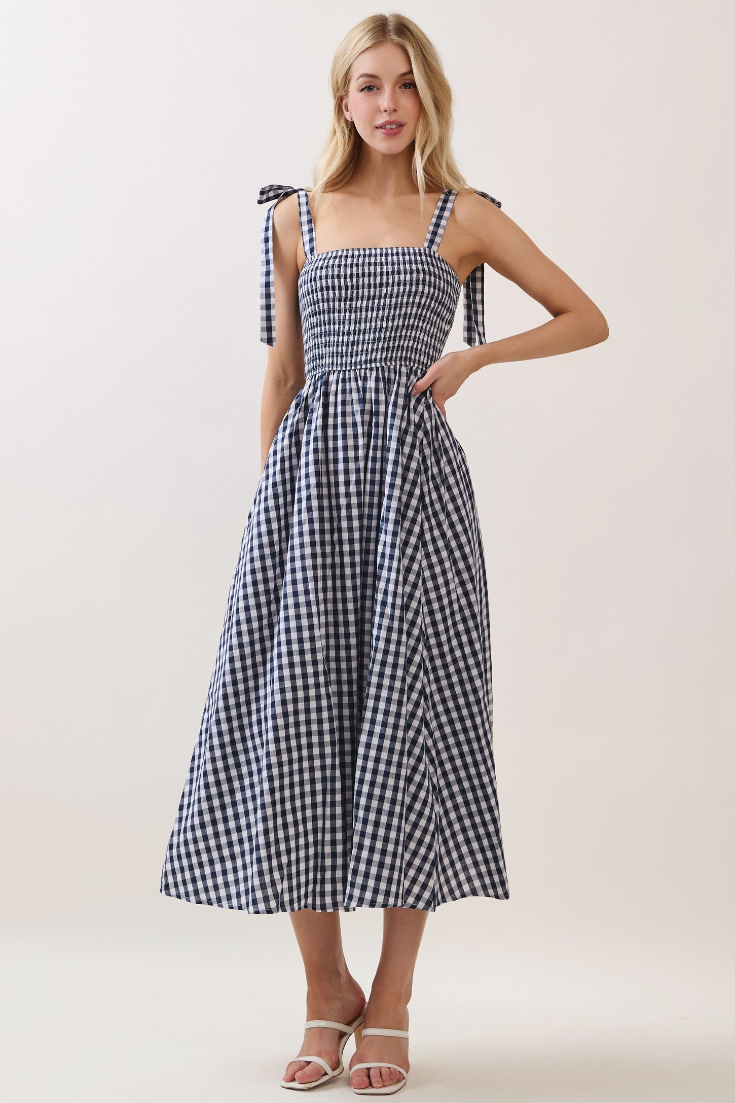 Navy Gingham Smocked Shoulder Tie Midi Dress