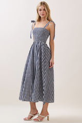 Navy Gingham Smocked Shoulder Tie Midi Dress
