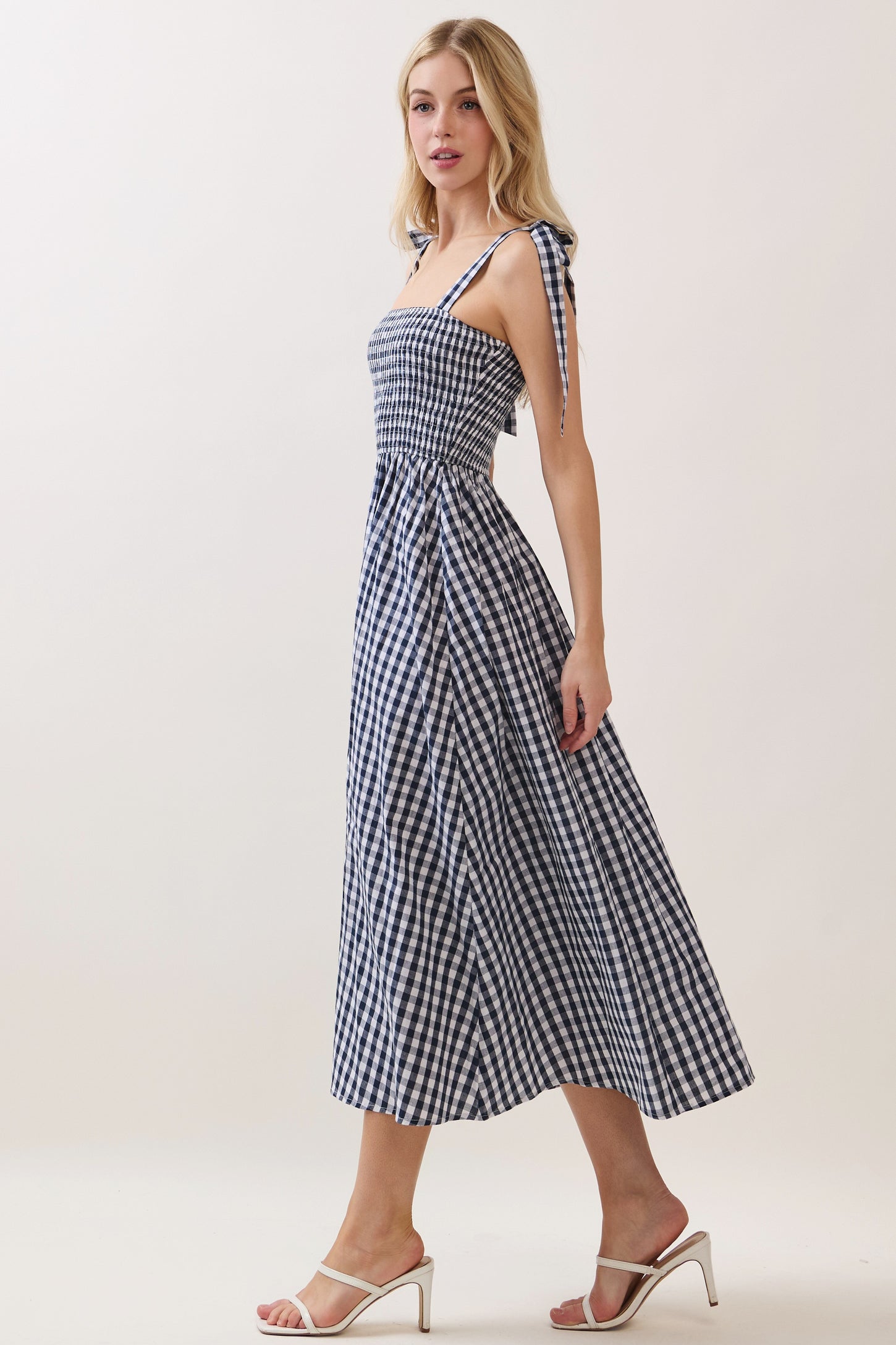Navy Gingham Smocked Shoulder Tie Midi Dress