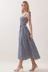 Navy Gingham Smocked Shoulder Tie Midi Dress
