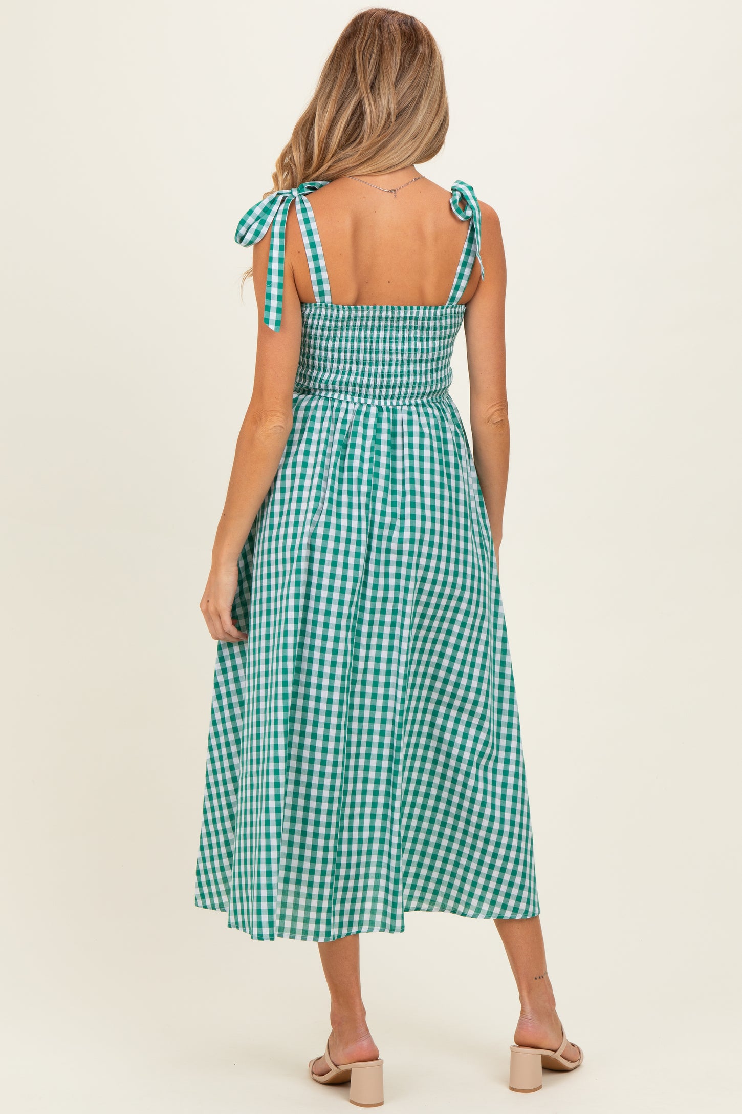 Green Gingham Smocked Shoulder Tie Maternity Midi Dress