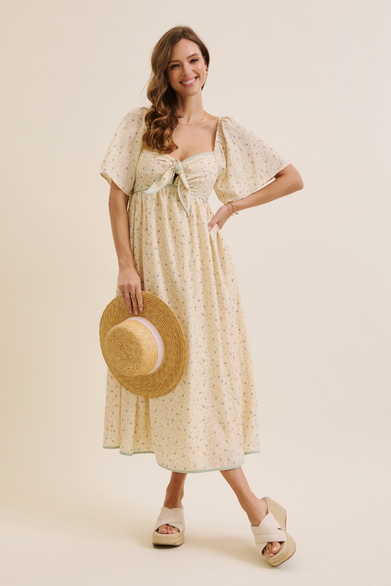 Butter Yellow Floral Tie Front Flutter Sleeve Midi Dress
