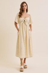 Butter Yellow Floral Tie Front Flutter Sleeve Midi Dress