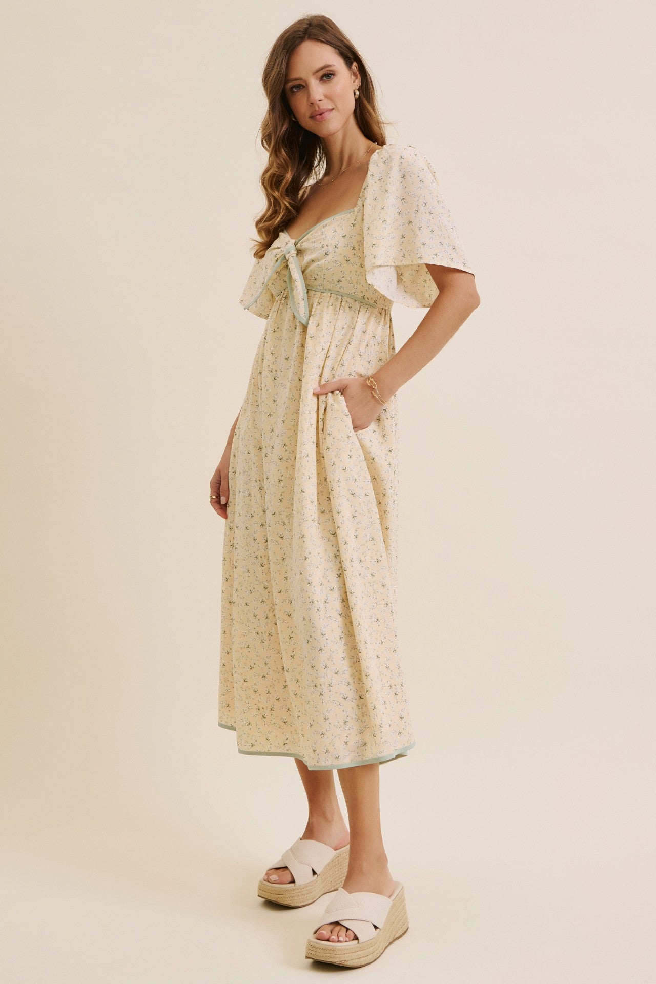 Butter Yellow Floral Tie Front Flutter Sleeve Midi Dress