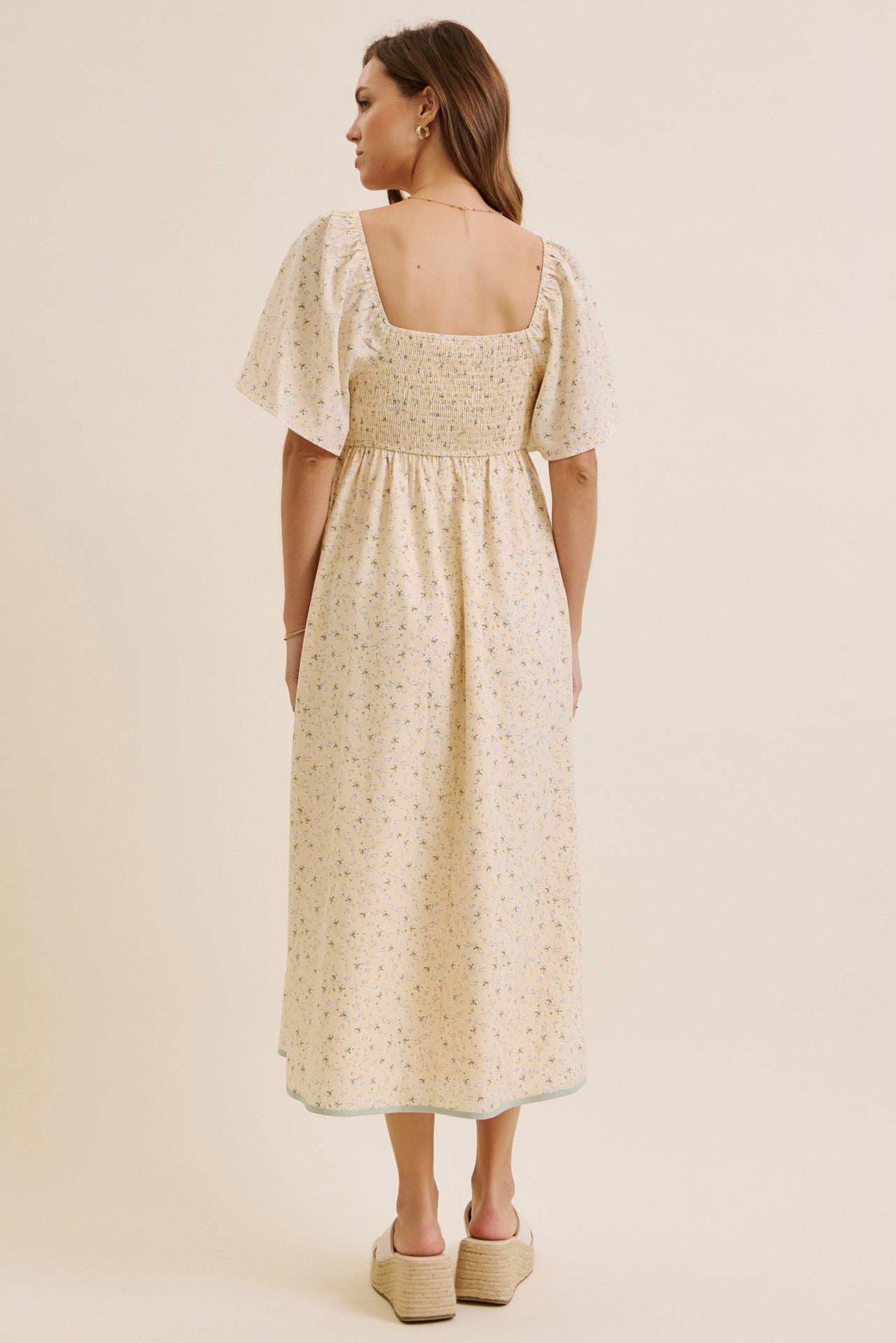 Butter Yellow Floral Tie Front Flutter Sleeve Midi Dress