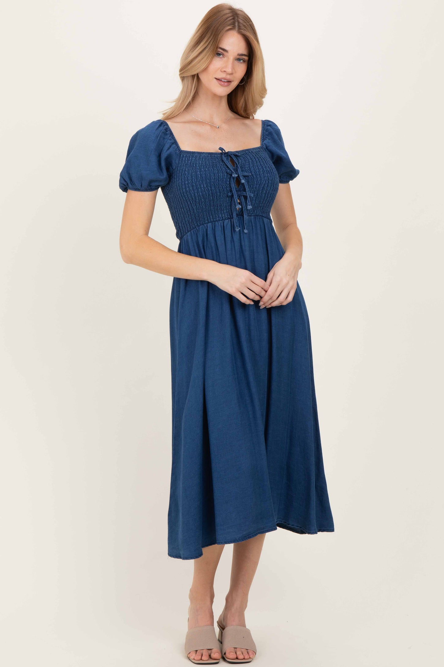 Navy Chambray Smocked Front Tie Midi Dress