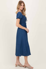 Navy Chambray Smocked Front Tie Midi Dress
