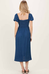 Navy Chambray Smocked Front Tie Midi Dress