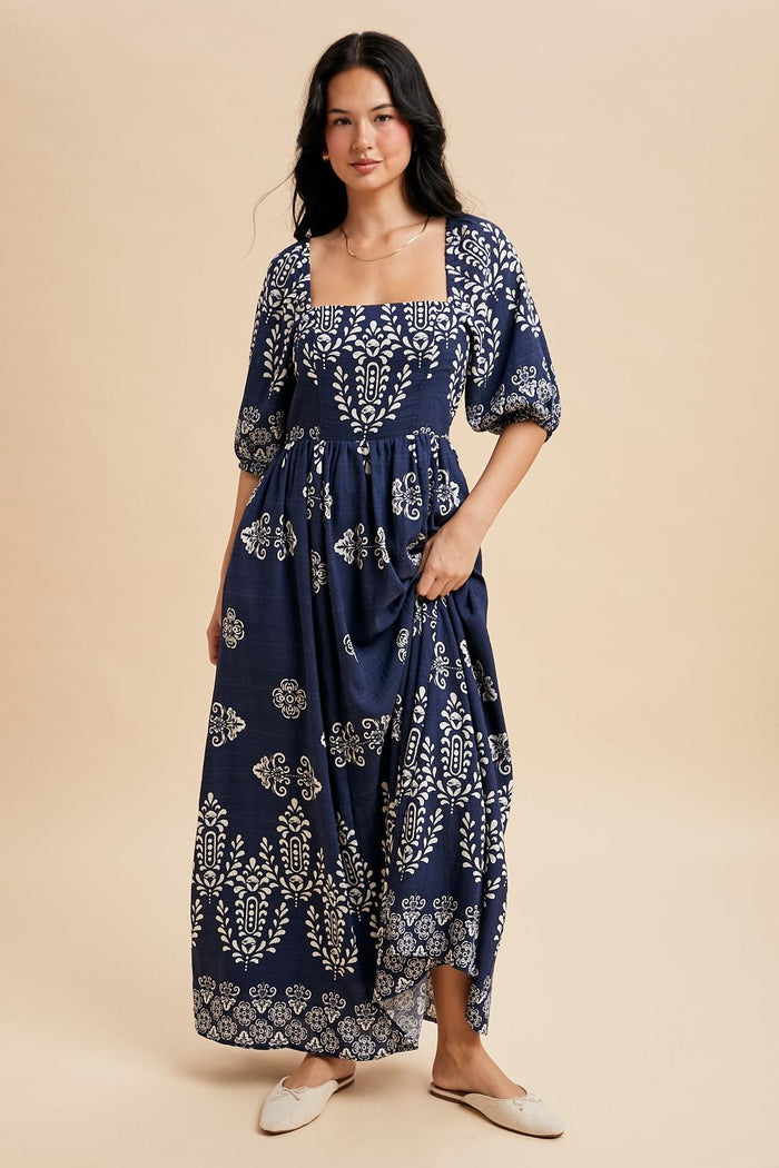 Navy Damask Print Short Sleeve Maxi Dress