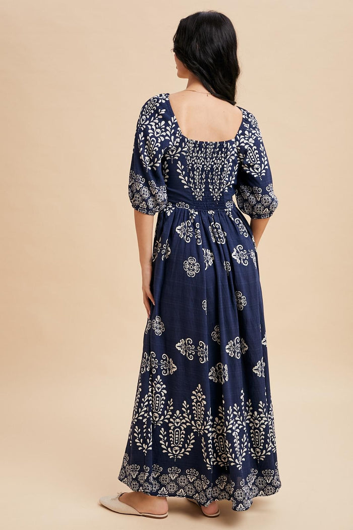 Navy Damask Print Short Sleeve Maxi Dress