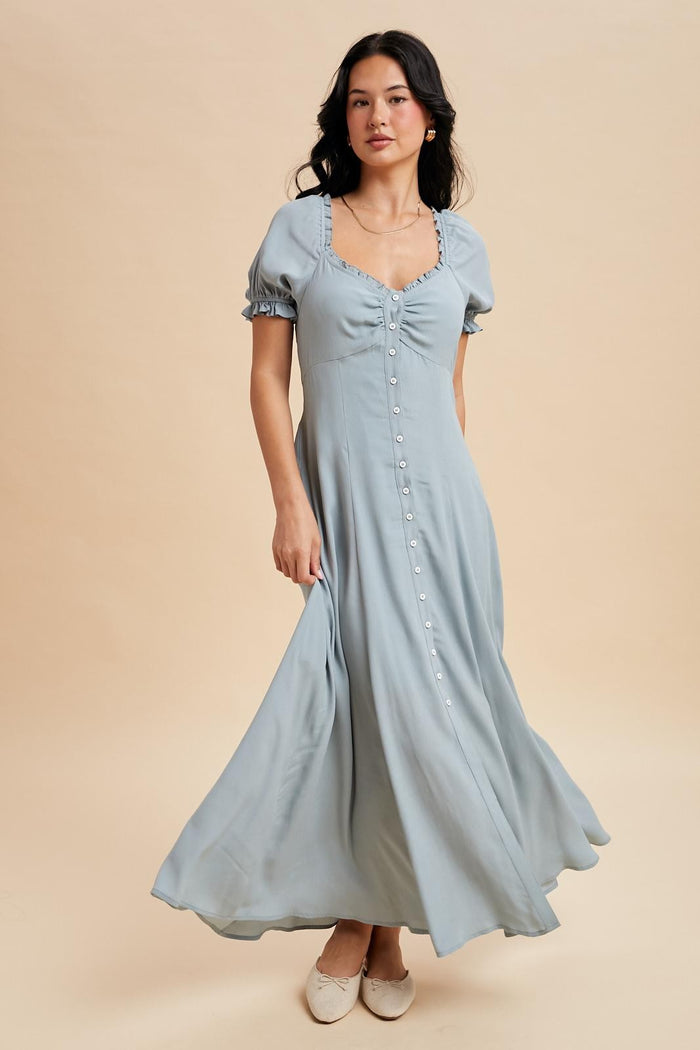 Dusty Blue Button Down Ruffle Trim Maxi Dress