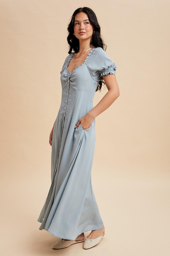 Dusty Blue Button Down Ruffle Trim Maxi Dress